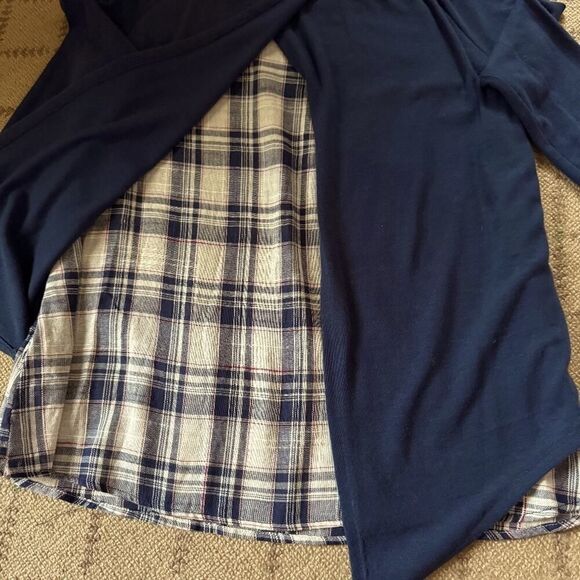 Self navy Blue long sleeved split back T-shirt with linen plaid underlay M - Picture 6 of 9